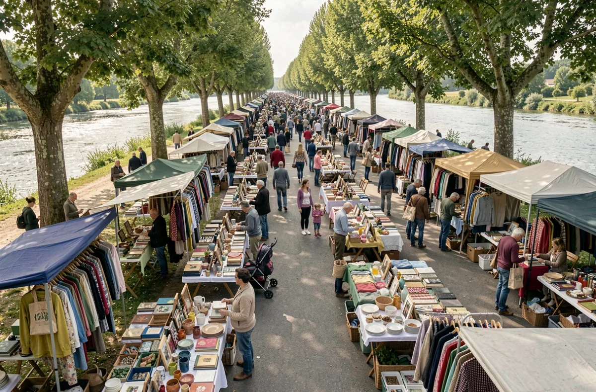 Vue panoramique de la Grande Braderie Solidaire de l'Isle Périgord avec des dizaines d'étals de vêtements et d'objets de seconde main le long des berges de la rivière