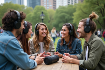 Jeunes adultes souriants écoutant de la musique en groupe dans un parc urbain