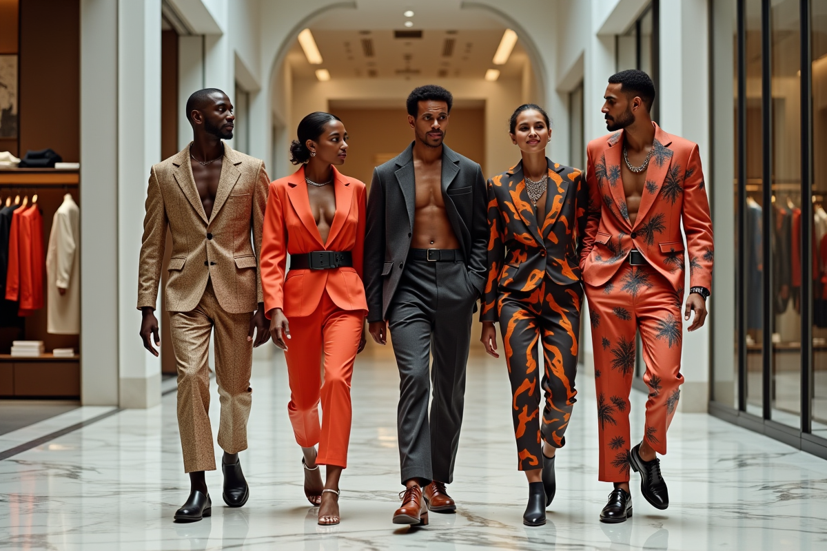 Groupe de modeurs dans une boutique de luxe en mouvement