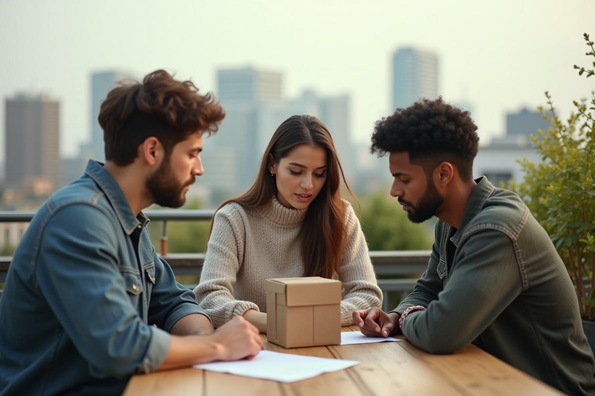 Groupe de jeunes professionnels discutant sur un rooftop urbain