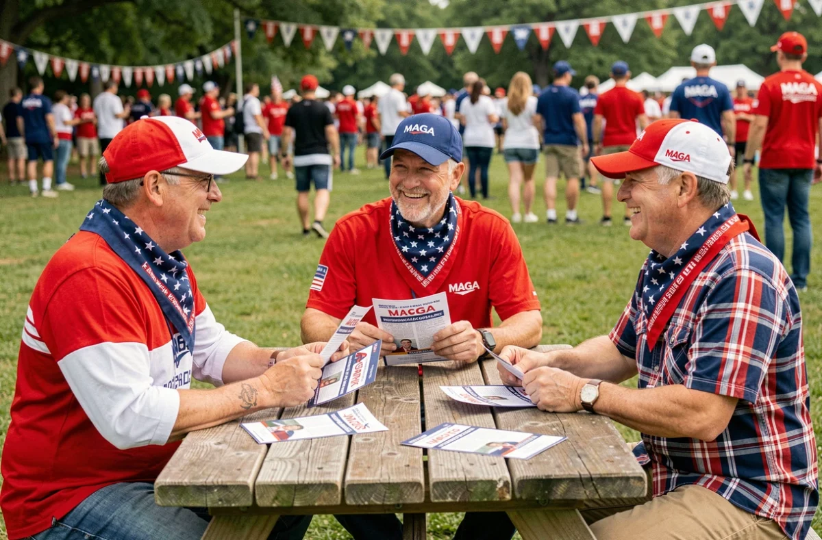 Groupe de trois adultes en tenues patriotiques rouge blanc et bleu avec casquettes MAGA autour d'une table de pique-nique lors d'un rassemblement en plein air