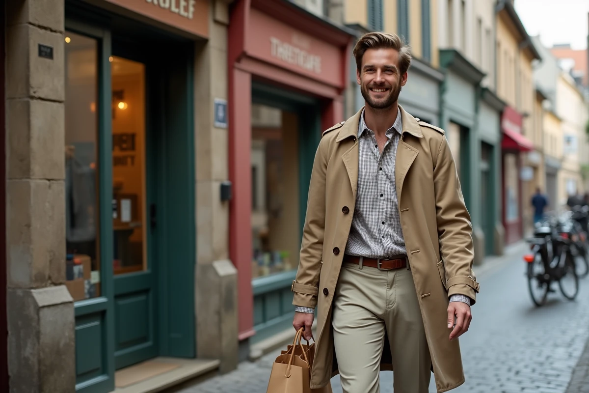 Homme marchant avec sac de shopping dans une rue de Strasbourg