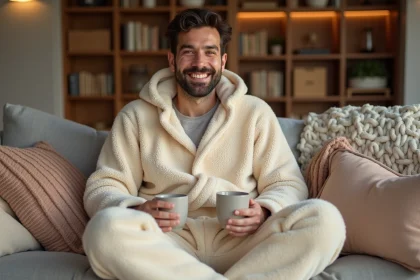 Homme adulte portant un pilou pilou douillet beige assis sur un canapé avec une tasse de café dans un salon cosy