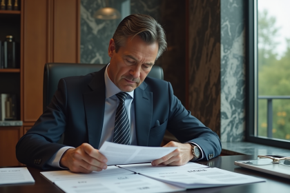 Homme d'affaires en costume regardant des documents de mode