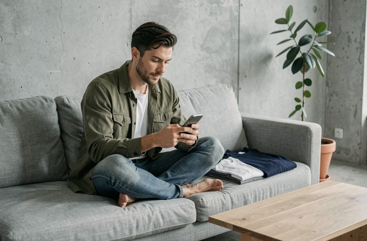 Homme parcourant une application de vêtements de seconde main pour construire un dressing capsule minimaliste