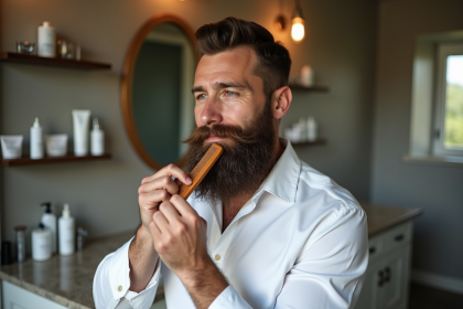 Homme barbu en train de se coiffer dans la salle de bain