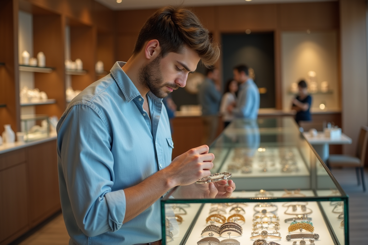 Homme choisissant des bijoux dans une boutique chic