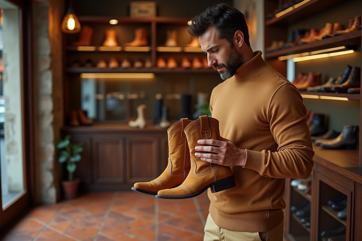 Homme dans une boutique de santiags de luxe tenant des bottes en daim miel avec broderies dans ses mains