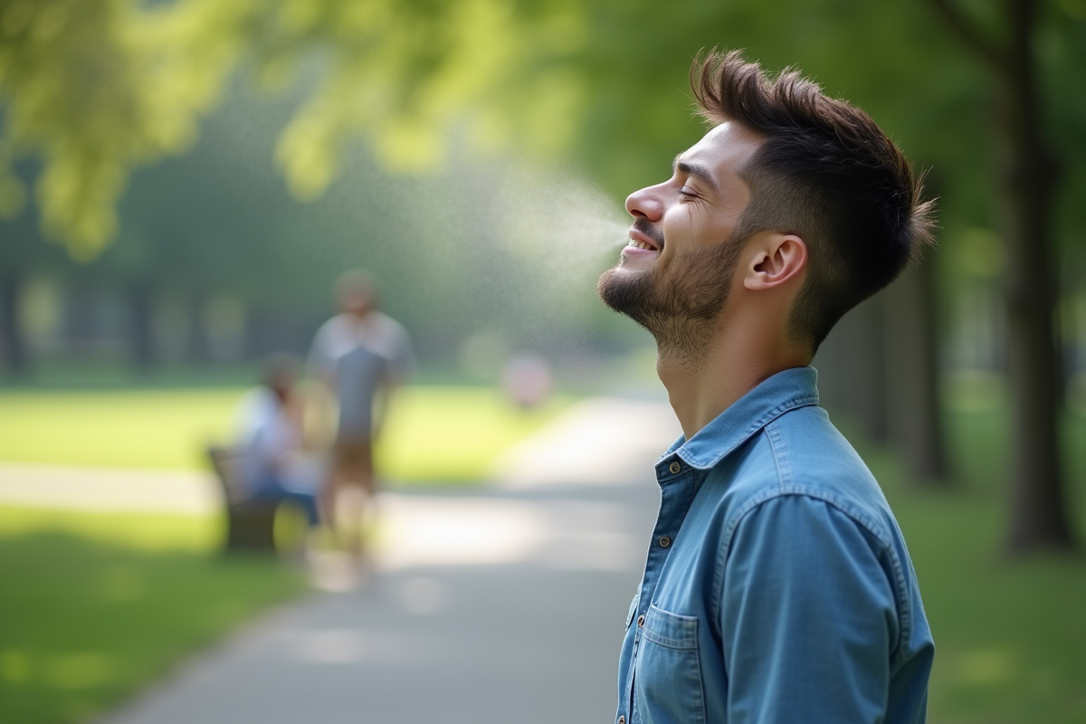 Jeune homme vaporisant de l