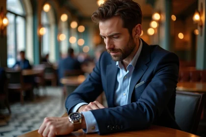Homme en costume regardant sa montre dans un bistrot parisien
