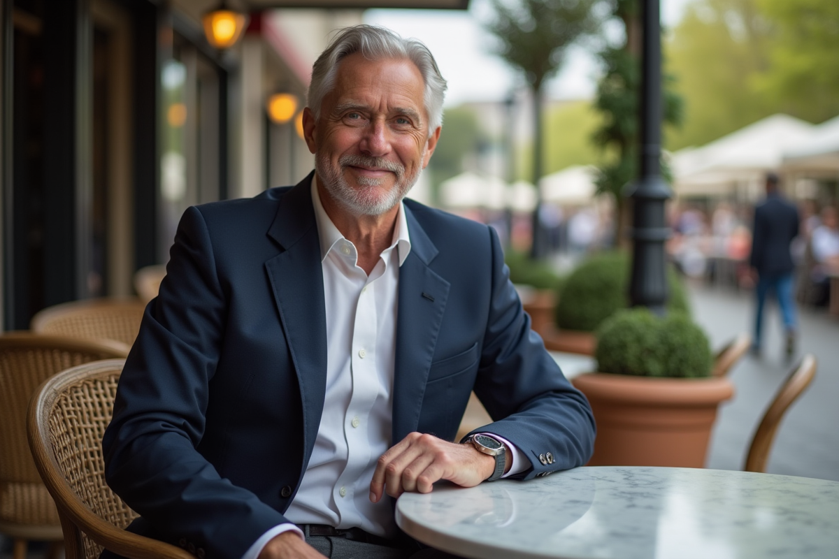 Homme mature en blazer assis dans un café en ville