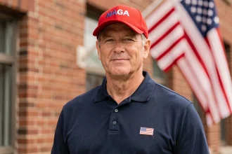 Homme portant une casquette MAGA rouge et un polo bleu marine avec des pins drapeau américain, devant un bâtiment en briques rouges avec un drapeau américain en arrière-plan