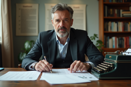 Homme charismatique en costume décontracté devant des tests IQ