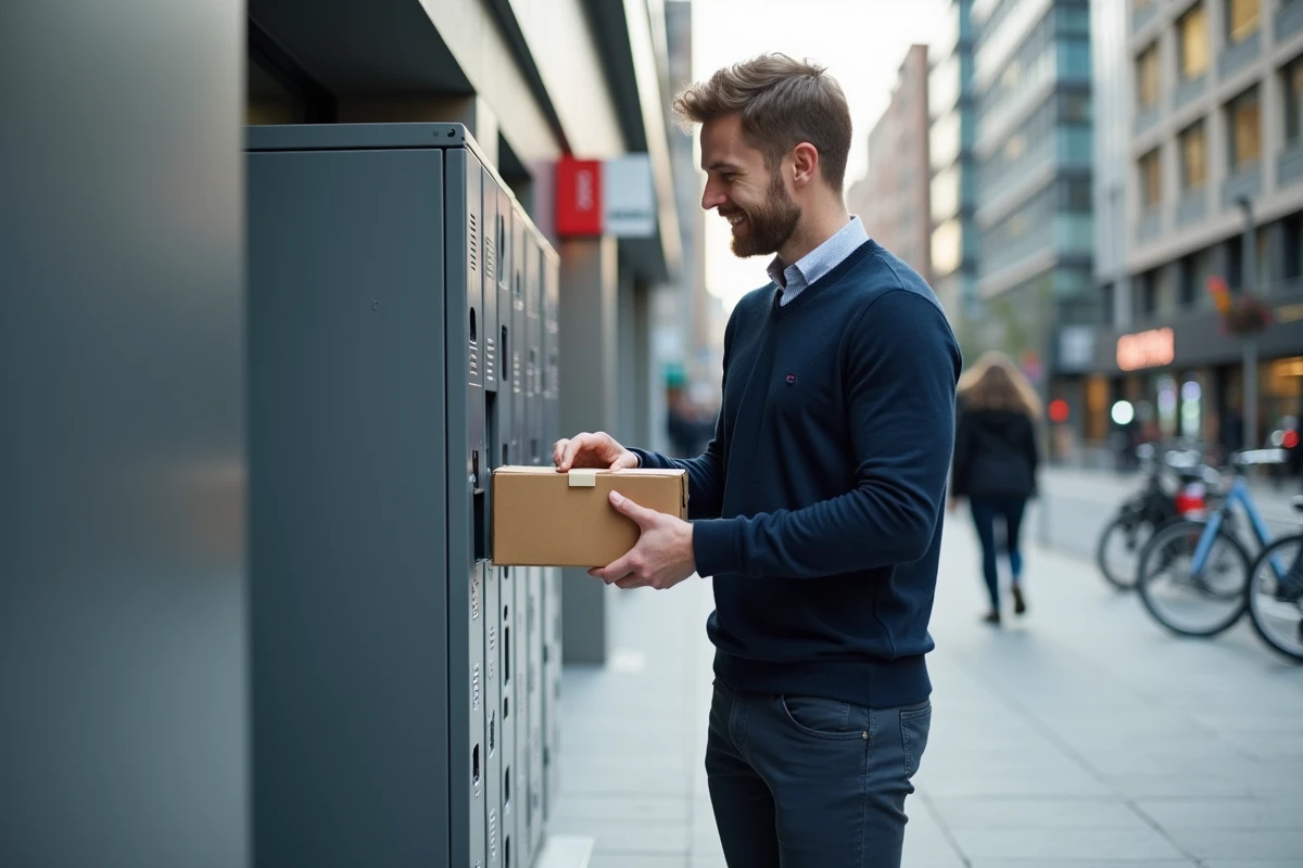 Homme déposant un colis dans un casier urbain en extérieur