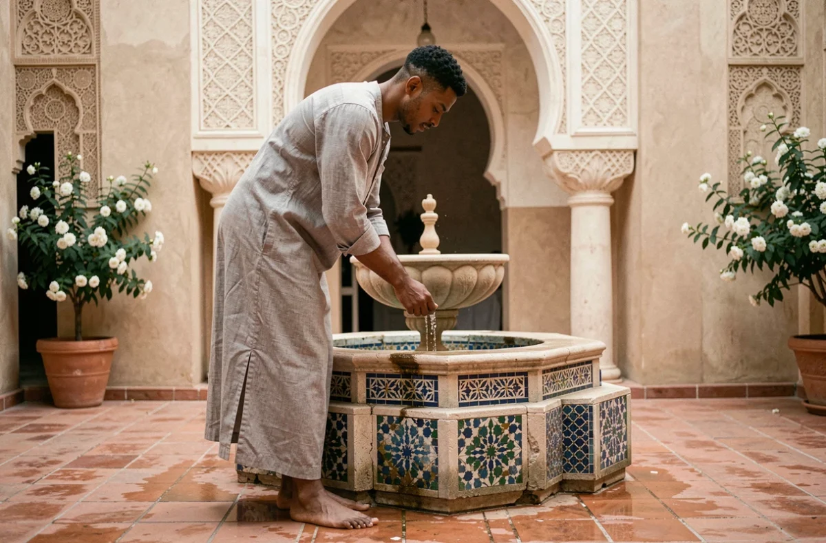 Jeune homme en djellaba grise faisant ses ablutions dans un patio marocain aux carreaux de zellige