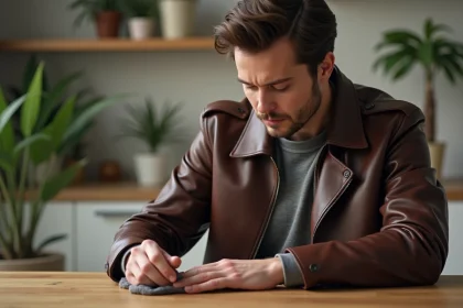Homme appliquant soin à un blouson en cuir marron