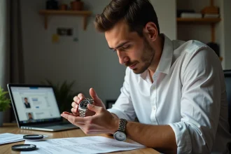 Homme examinant une Rolex d'occasion dans un bureau à domicile avec documents de comparaison de prix