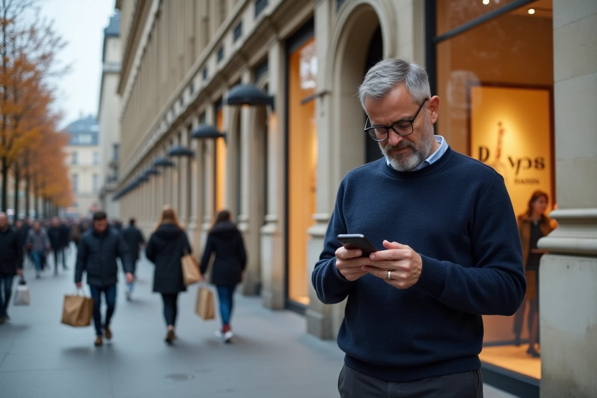 Homme consultant son téléphone devant la façade d'un grand magasin parisien ouvert le dimanche sur le boulevard Haussmann en automne