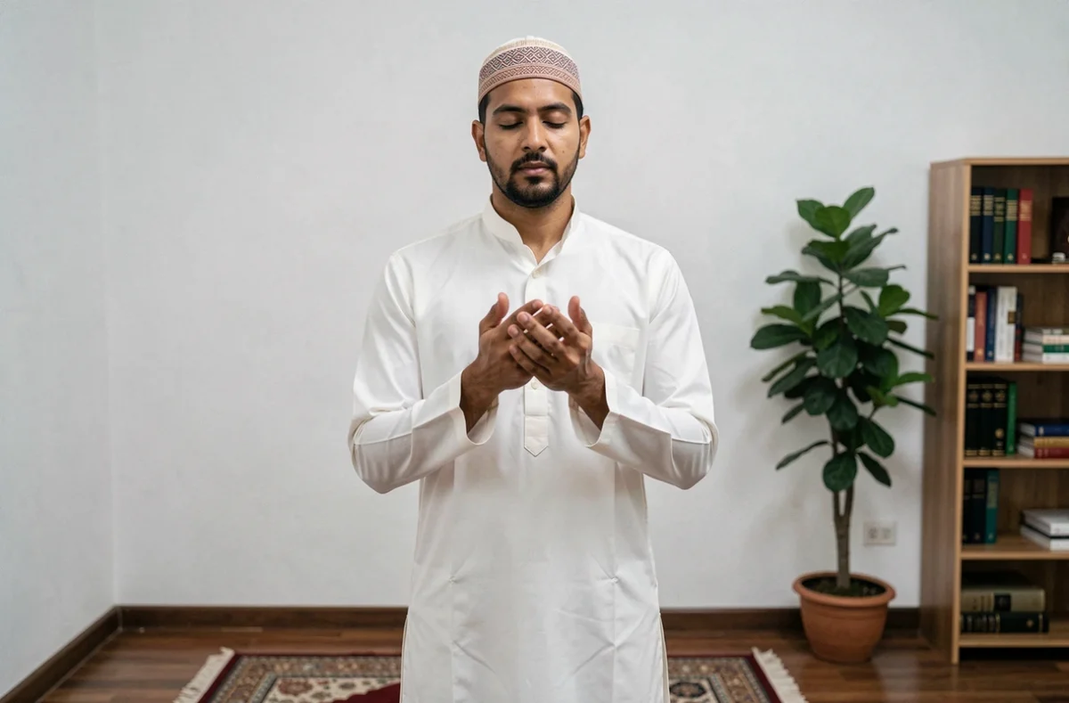 Homme en kurta blanc et kufi priant dans une salle de prière domestique sobre avec tapis de prière