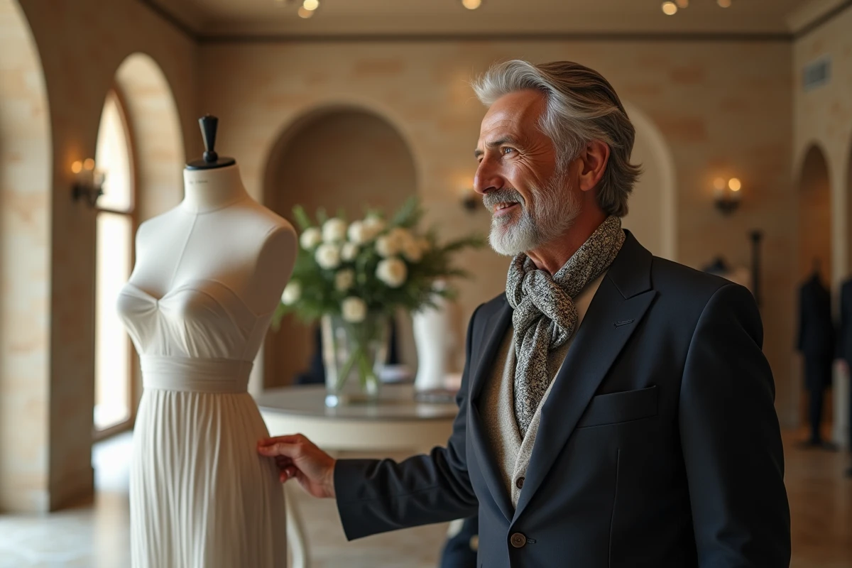 Homme distingué admirant une pièce de couture dans un showroom