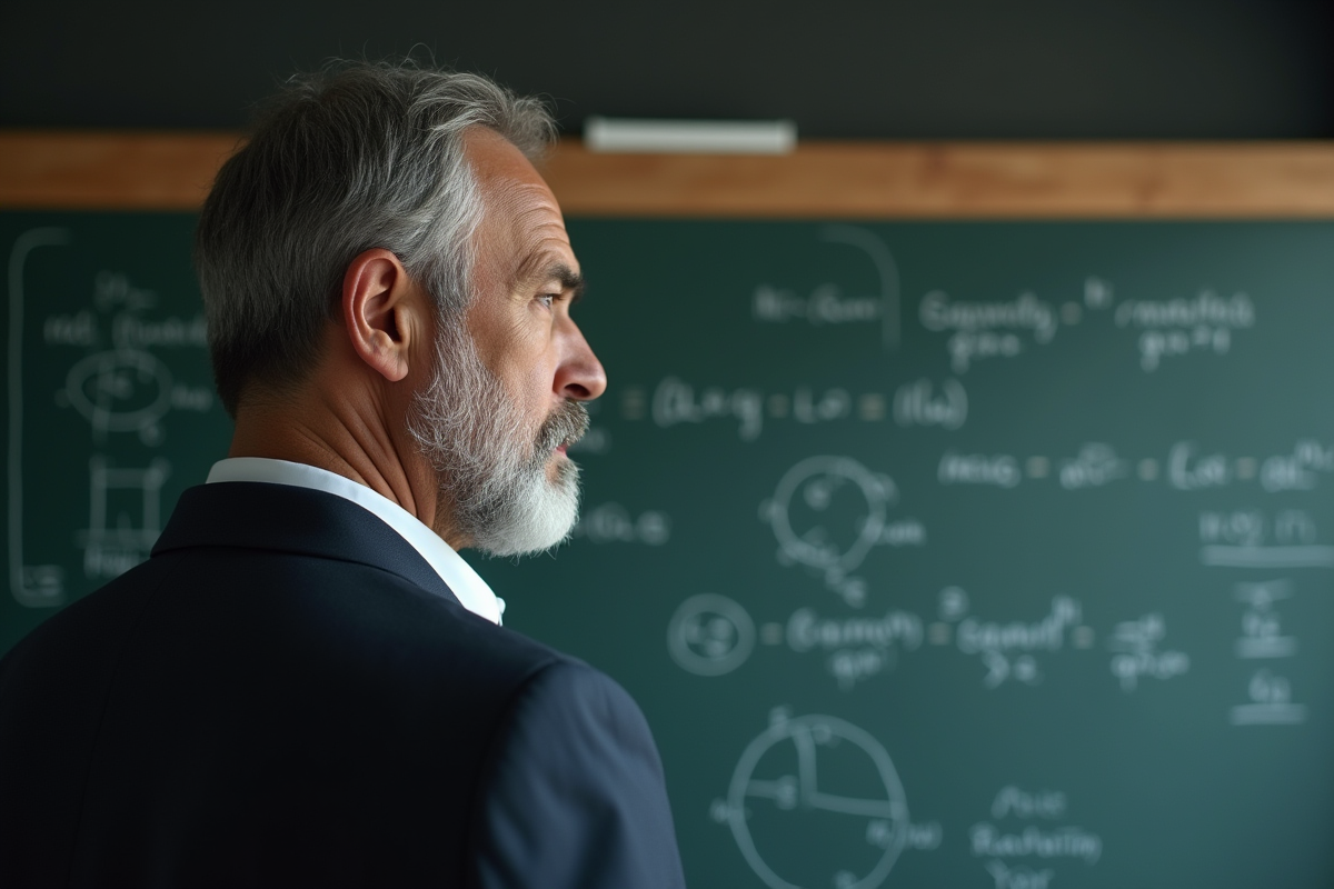 Homme pensif devant un tableau d équations mathématiques