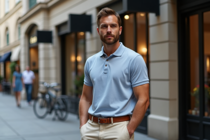 Homme élégant en polo et chinos devant boutique moderne