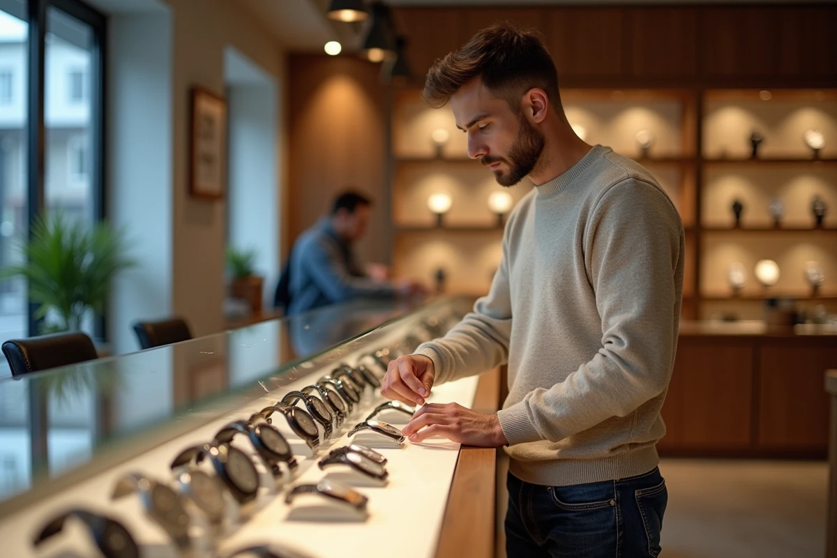 Jeune homme compare des montres dans une boutique moderne