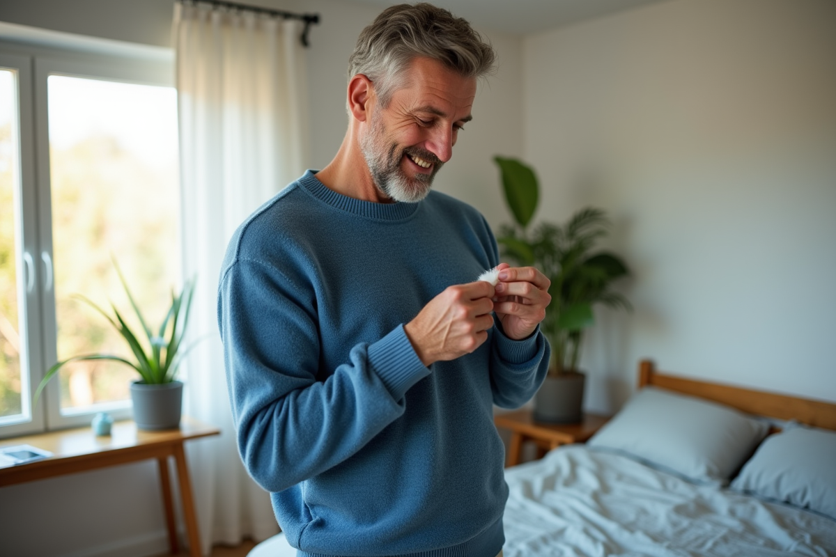 Homme retire des peluches d’un pull piloupilou dans une chambre lumineuse