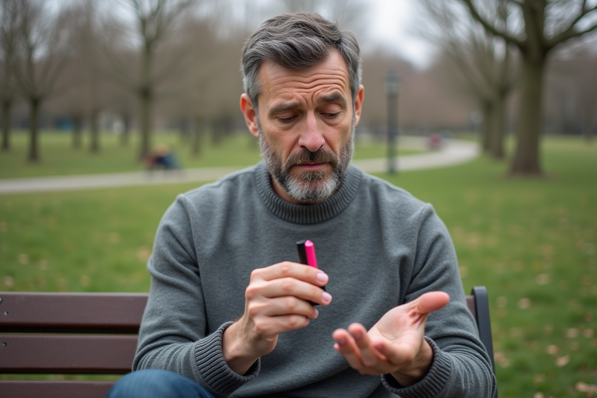 Homme pensif tenant un tube de lipstick dans un parc
