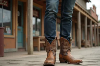 Homme en jean slim et santiags marron en cuir avec broderies sur un trottoir en bois vieilli de style Far West