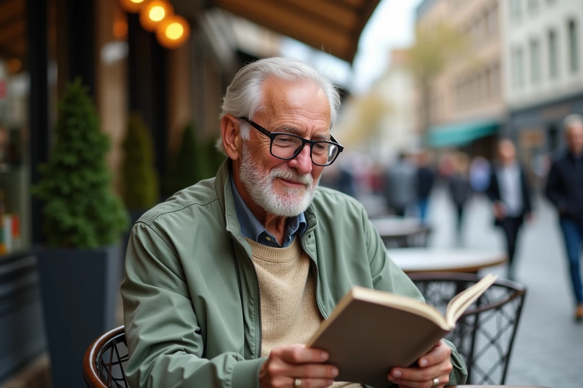 Homme senior lisant un magazine dans un café en ville avec lunettes modernes