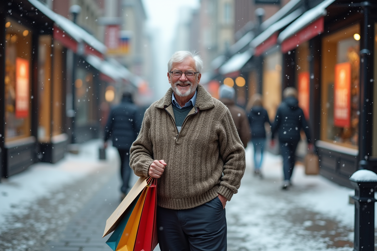 Homme souriant avec sacs de shopping dans une rue enneigee