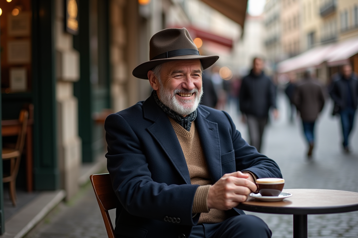 Homme souriant avec fedora au café en ville
