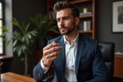 Homme en costume contemplant une bague en argent