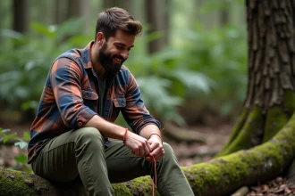 Homme barbu en forêt attachant un bracelet paracord