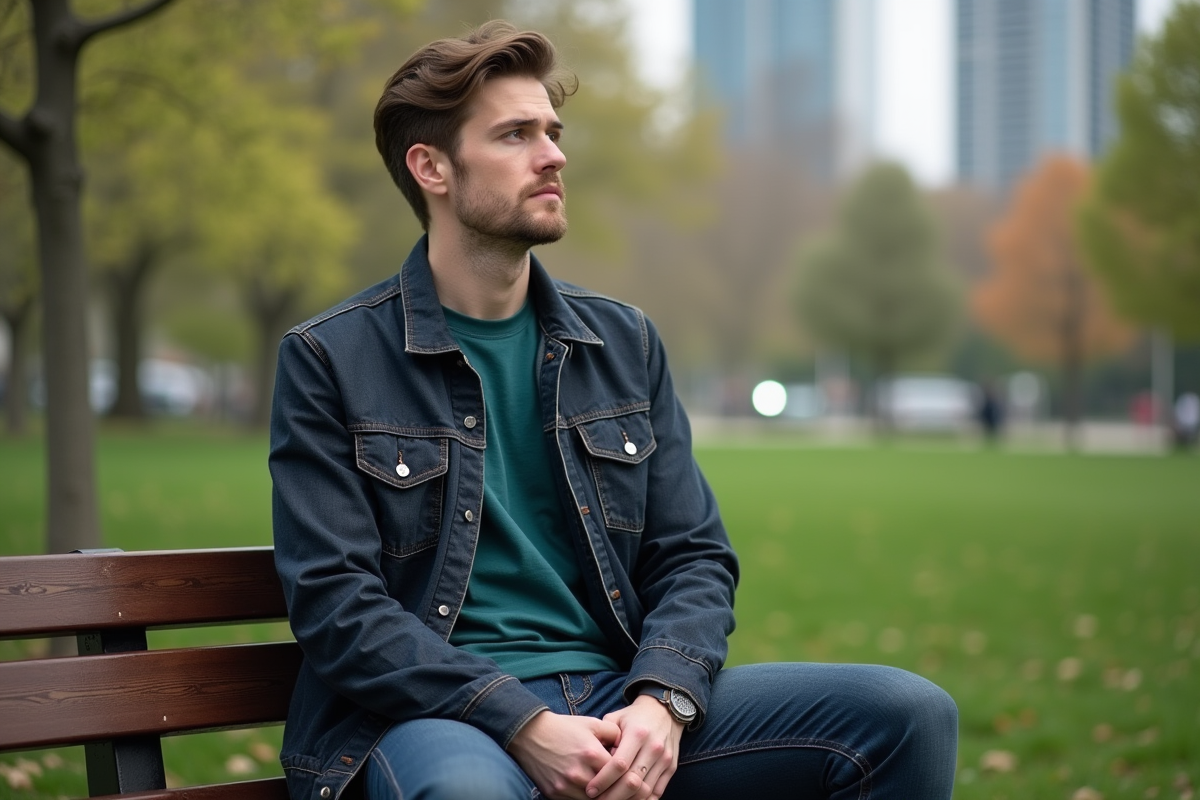 Homme décontracté assis dans un parc urbain avec nature et ville