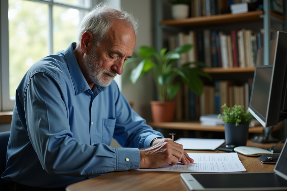 Homme âgé utilisant un anneau sizer sur sa main dans un bureau