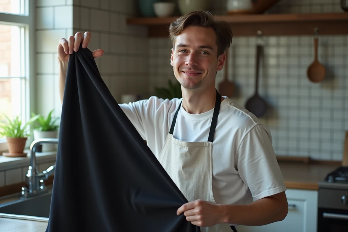 Homme inspectant un tissu noir fraîchement teint