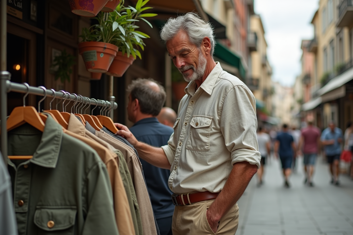Homme inspecte vêtement dans marché urbain écologique
