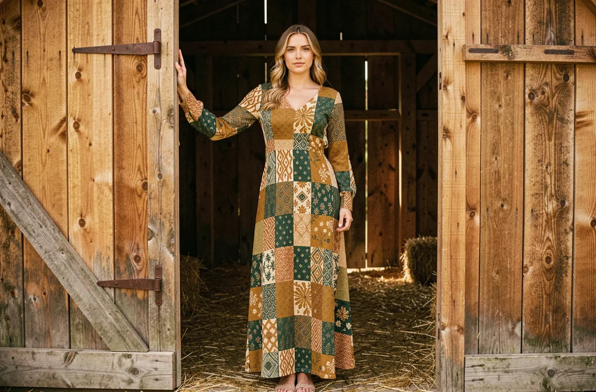 Femme en robe longue à imprimé patchwork coloré en moutarde, rouille et vert debout dans l'encadrement d'une porte de grange