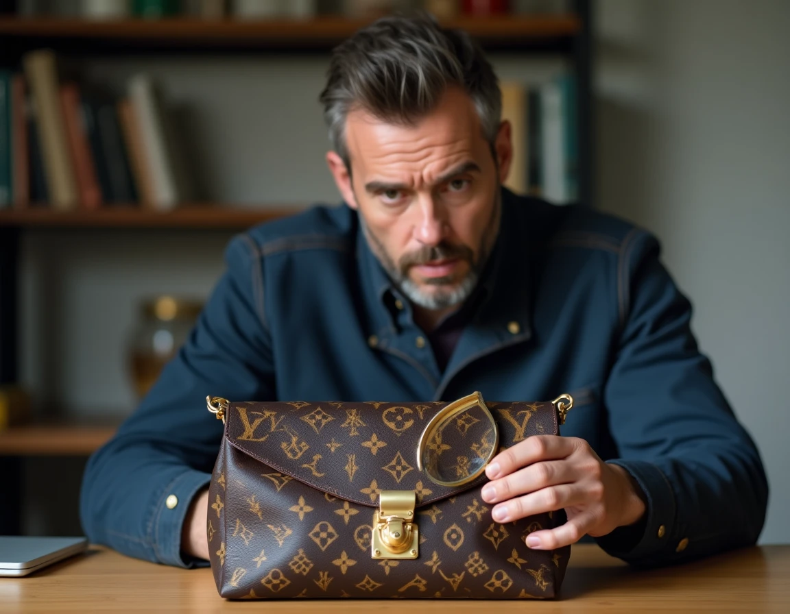 Homme utilisant une loupe pour inspecter la quincaillerie d'un sac Neverfull et détecter un faux