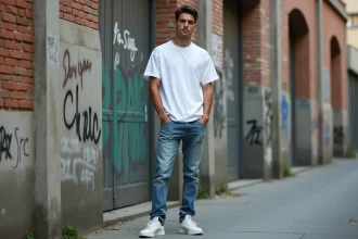 Jeune homme en jean streetwear homme confortable appuyé contre un mur urbain en béton