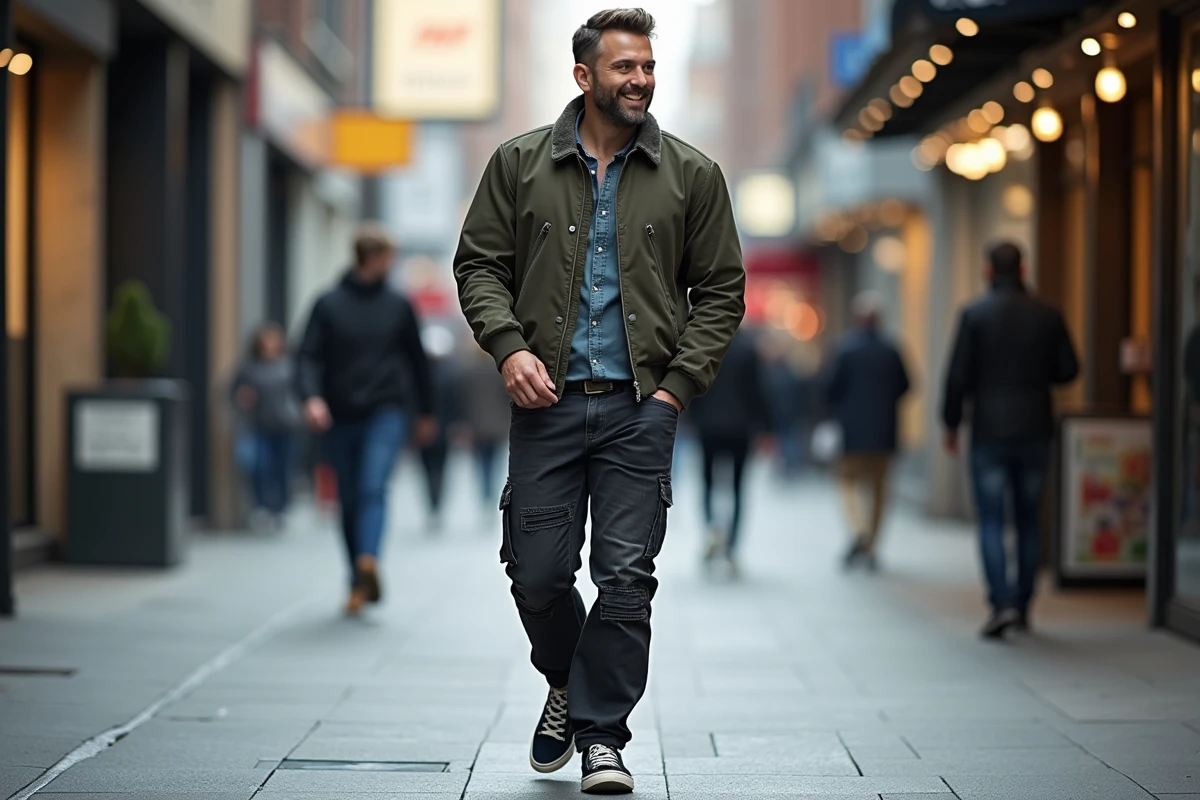 Homme marchant en jean streetwear noir délavé dans une rue animée de la ville