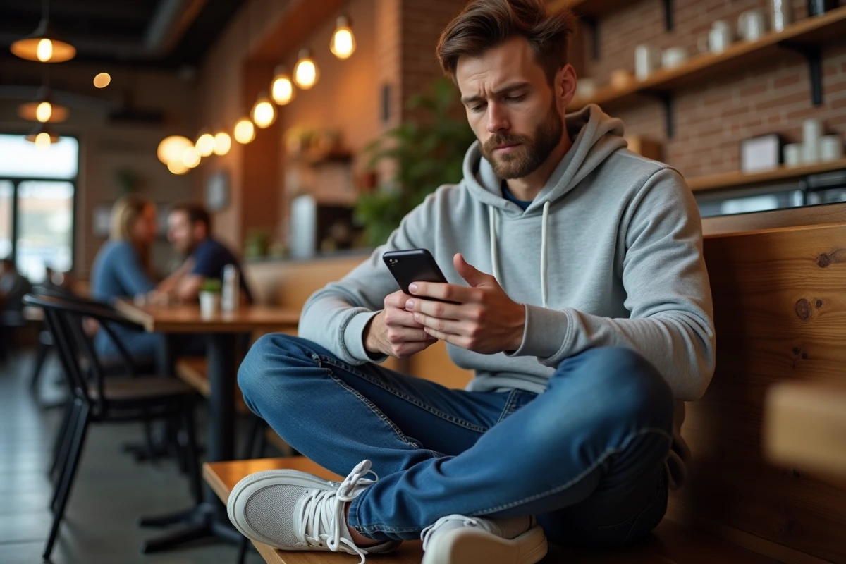 Homme assis en jean streetwear stretch dans un café moderne et confortable