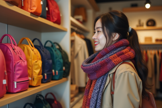 Jeune femme souriante dans une boutique de sacs à l'air moderne