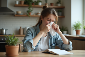 Jeune femme en cuisine avec expression de frustration