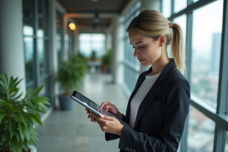Jeune femme entrepreneure regardant une tablette futuriste dans un espace moderne