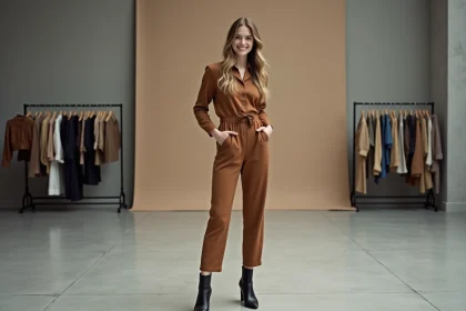 Jeune femme en jumpsuit mode dans un studio moderne