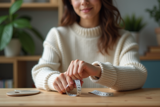 Jeune femme mesurant son poignet avec un ruban