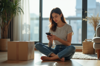 Jeune femme assise sur le sol avec colis dans un salon moderne